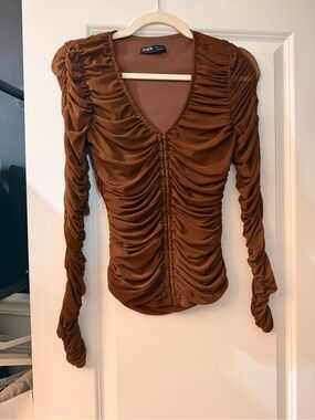 SHEIN Brown Ruched V-Neck Long Sleeve Top